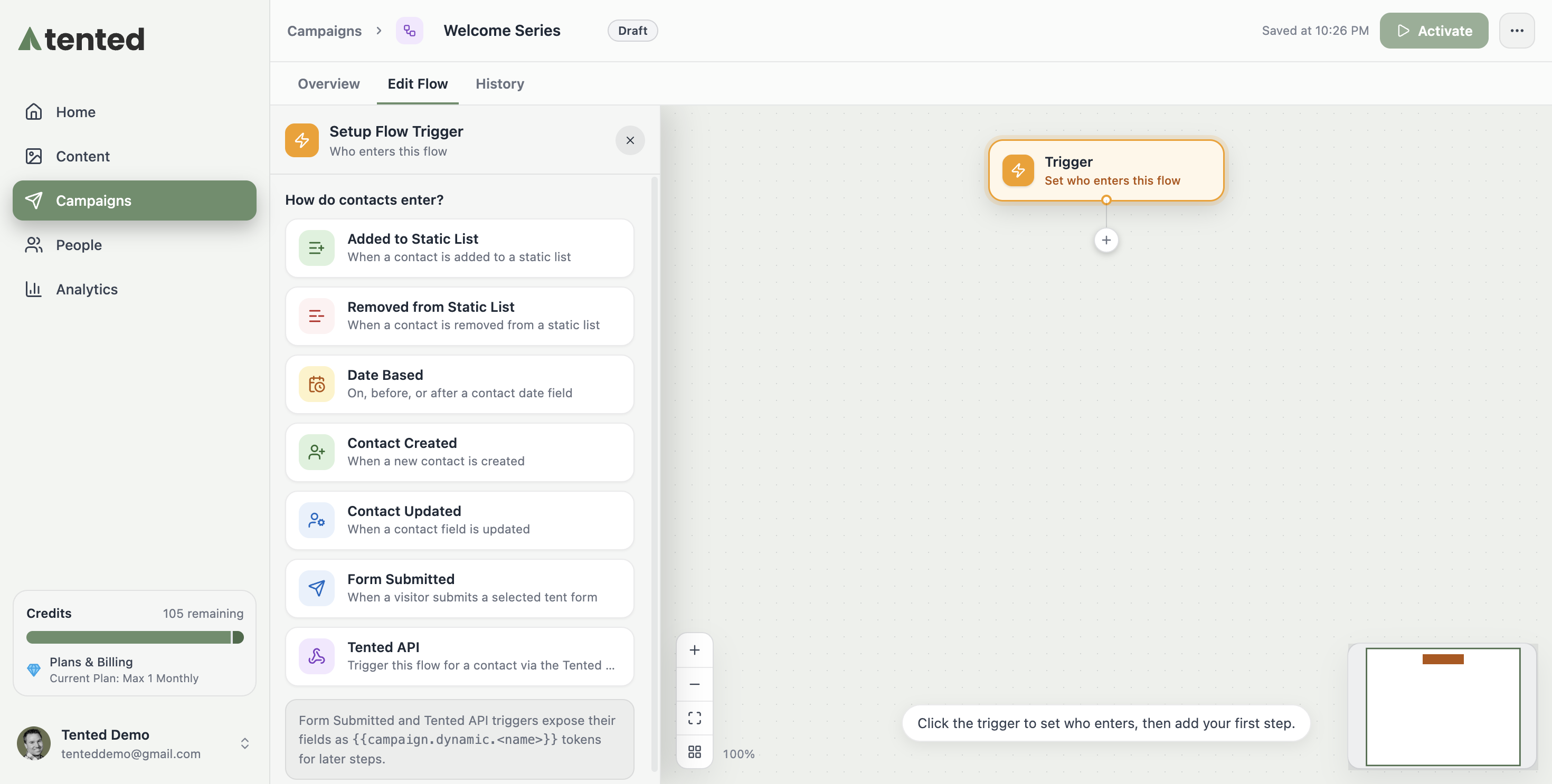 A screenshot of the flow builder showing the Setup Flow Trigger panel with the trigger types and the trigger node on the canvas.