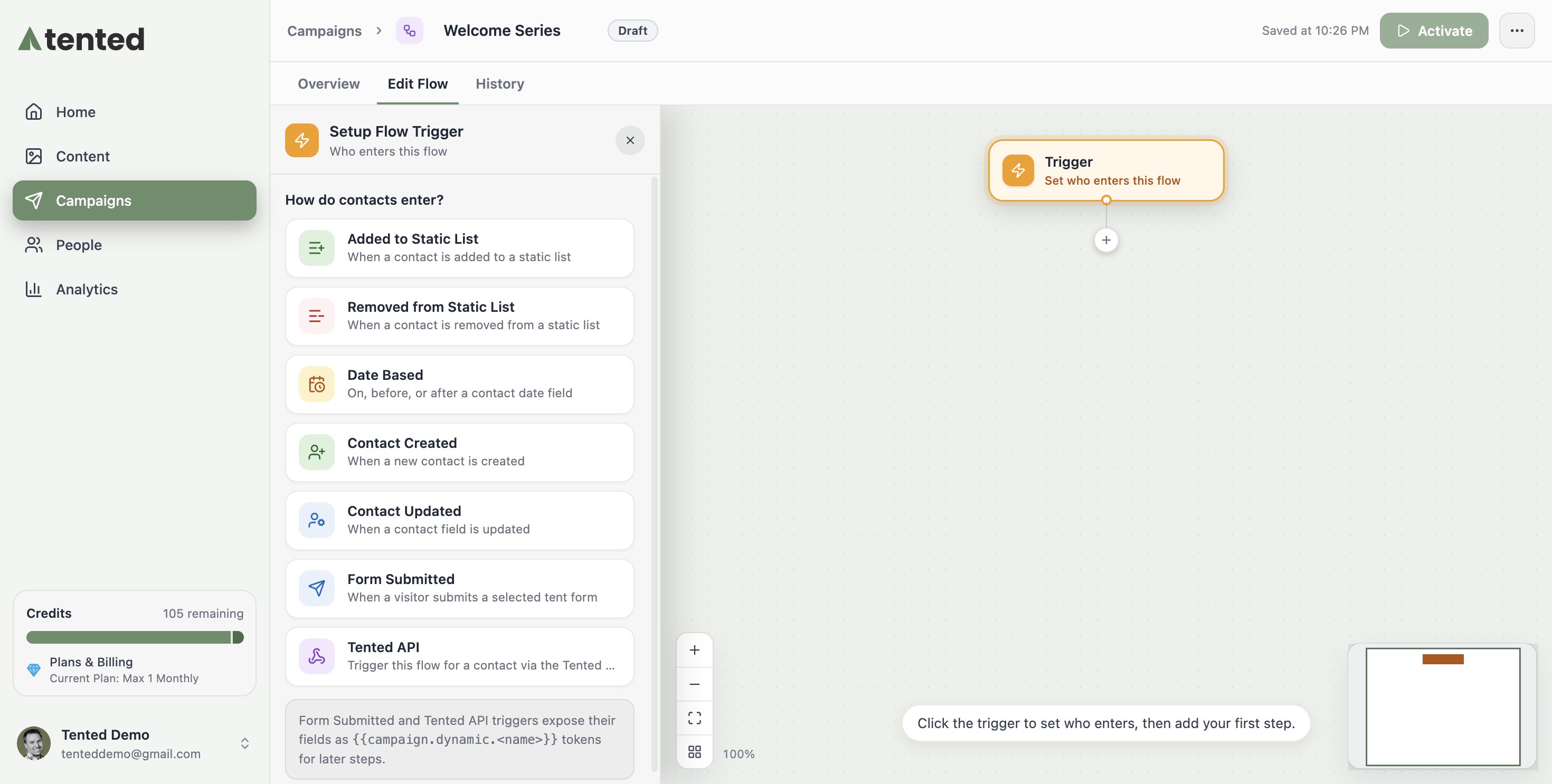 A screenshot of the flow builder showing the Setup Flow Trigger panel with the trigger types and the trigger node on the canvas.