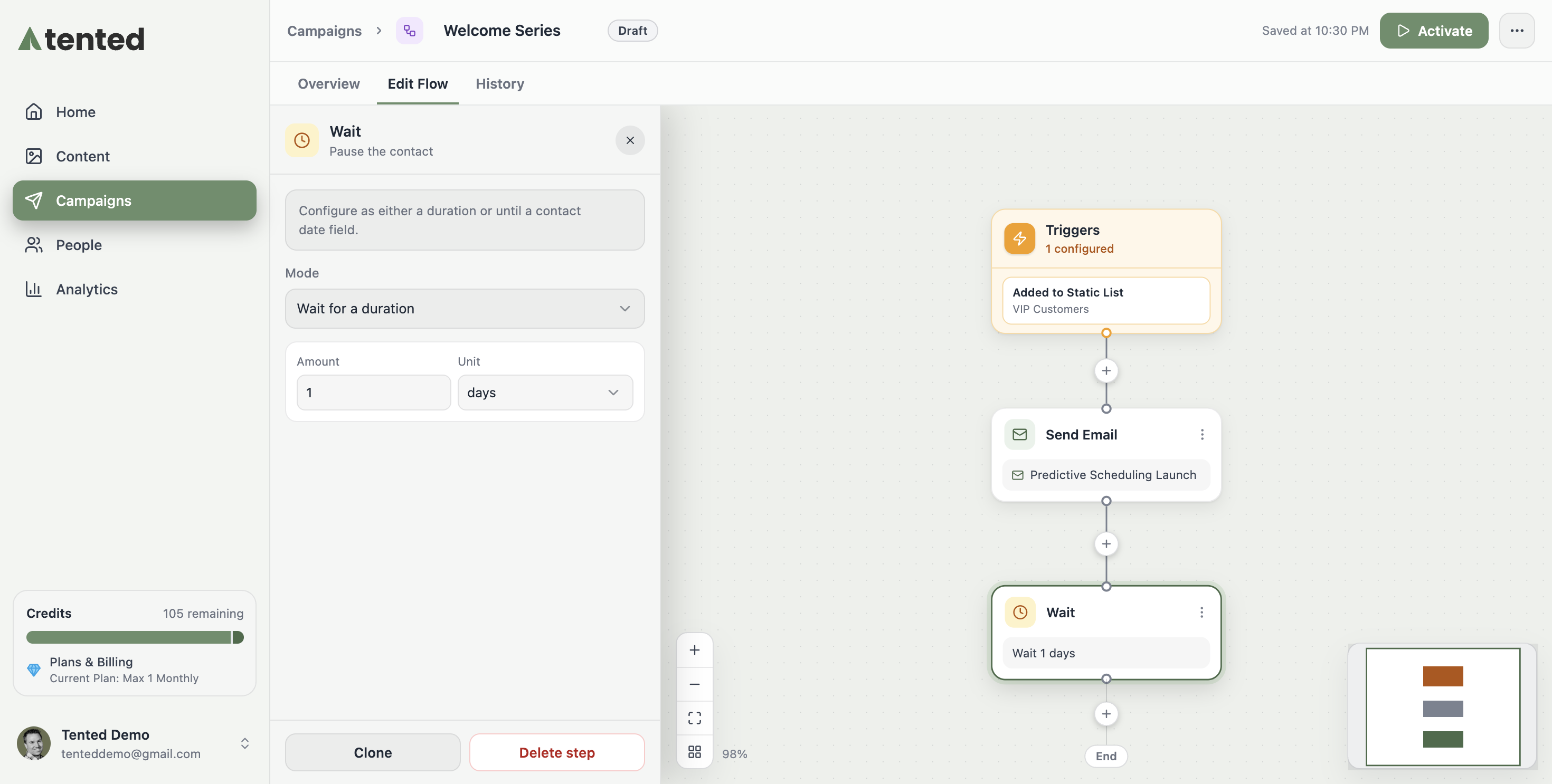 A screenshot of a flow canvas showing Trigger, Send Email, and a Wait step configured for 1 day.
