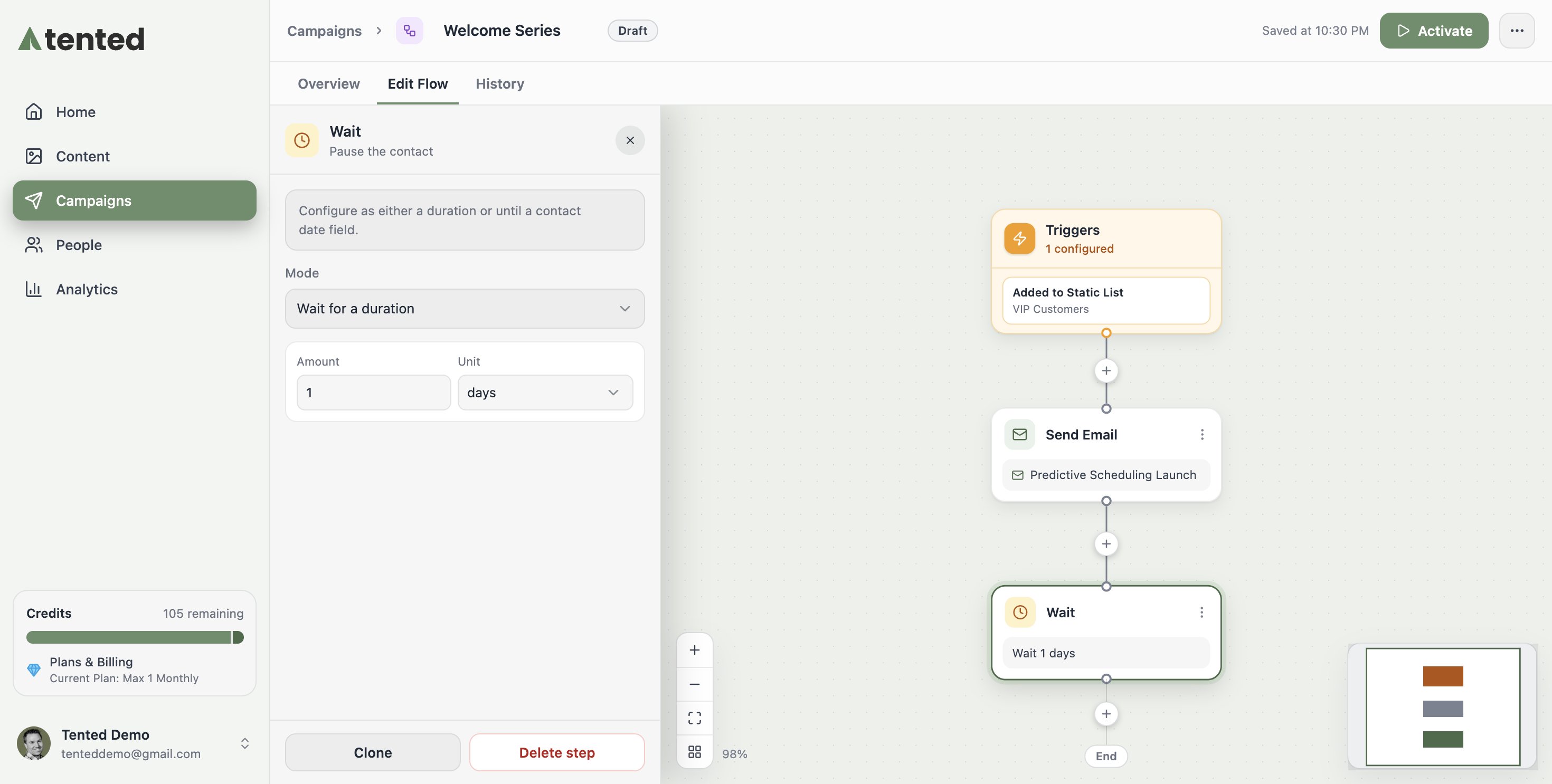A screenshot of a flow canvas showing Trigger, Send Email, and a Wait step configured for 1 day.