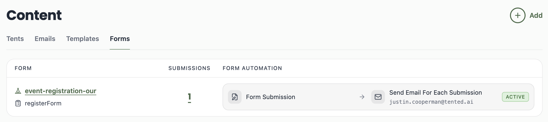 A screenshot of the Forms tab in Content listing a form with its tent, submission count, automation, and Active status.