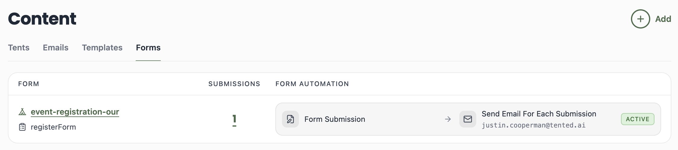 A screenshot of the Forms tab in Content listing a form with its tent, submission count, automation, and Active status.