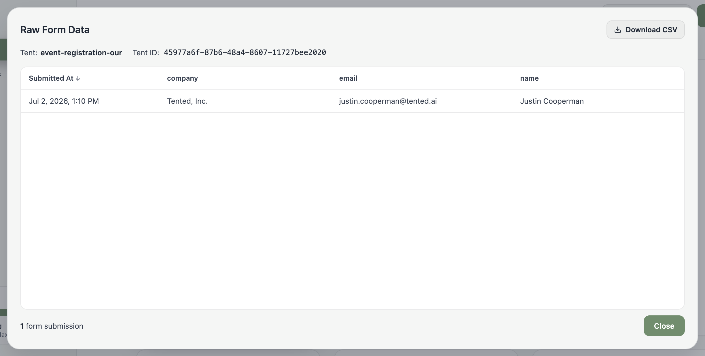 A screenshot of the Raw Form Data window showing a submission with its timestamp, company, email, and name, plus a Download CSV button.