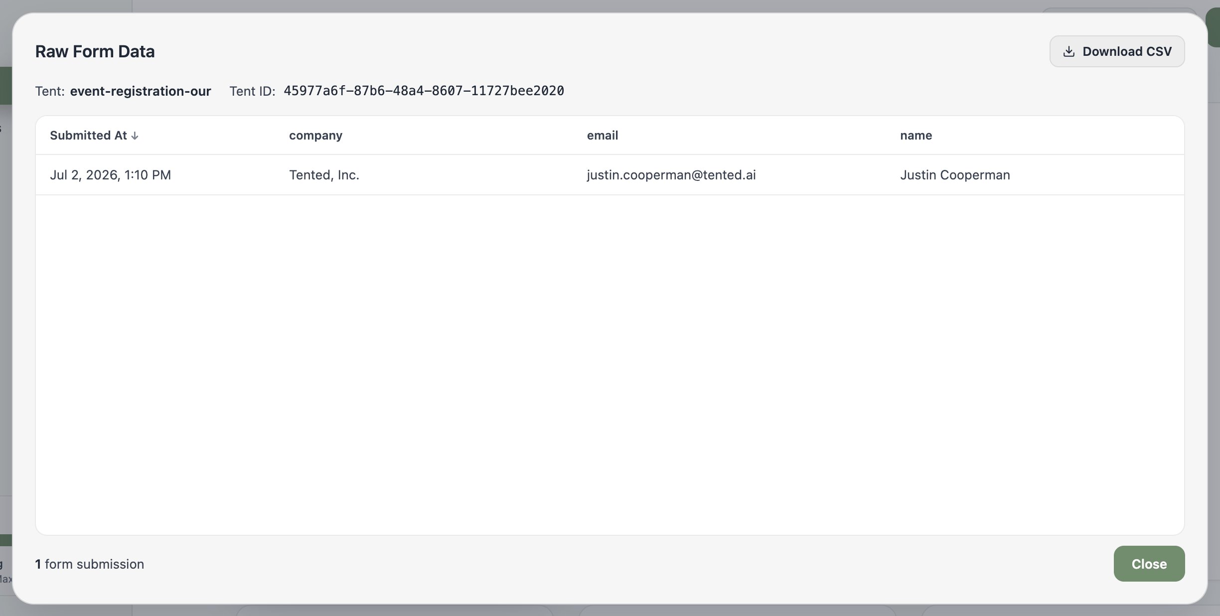 A screenshot of the Raw Form Data window showing a submission with its timestamp, company, email, and name, plus a Download CSV button.