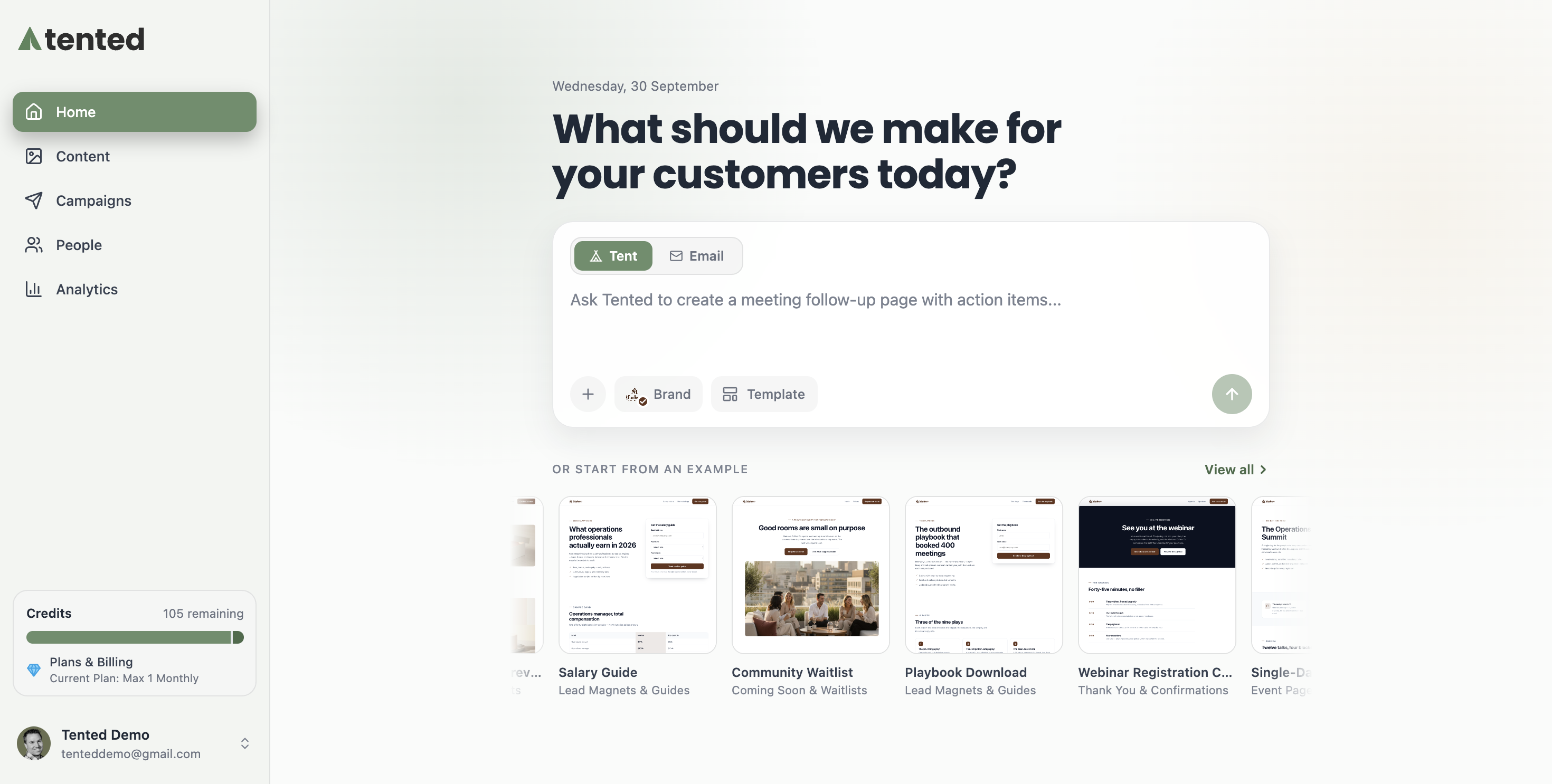 A screenshot of the Tented home page with the prompt box asking "What should we make for your customers today?"