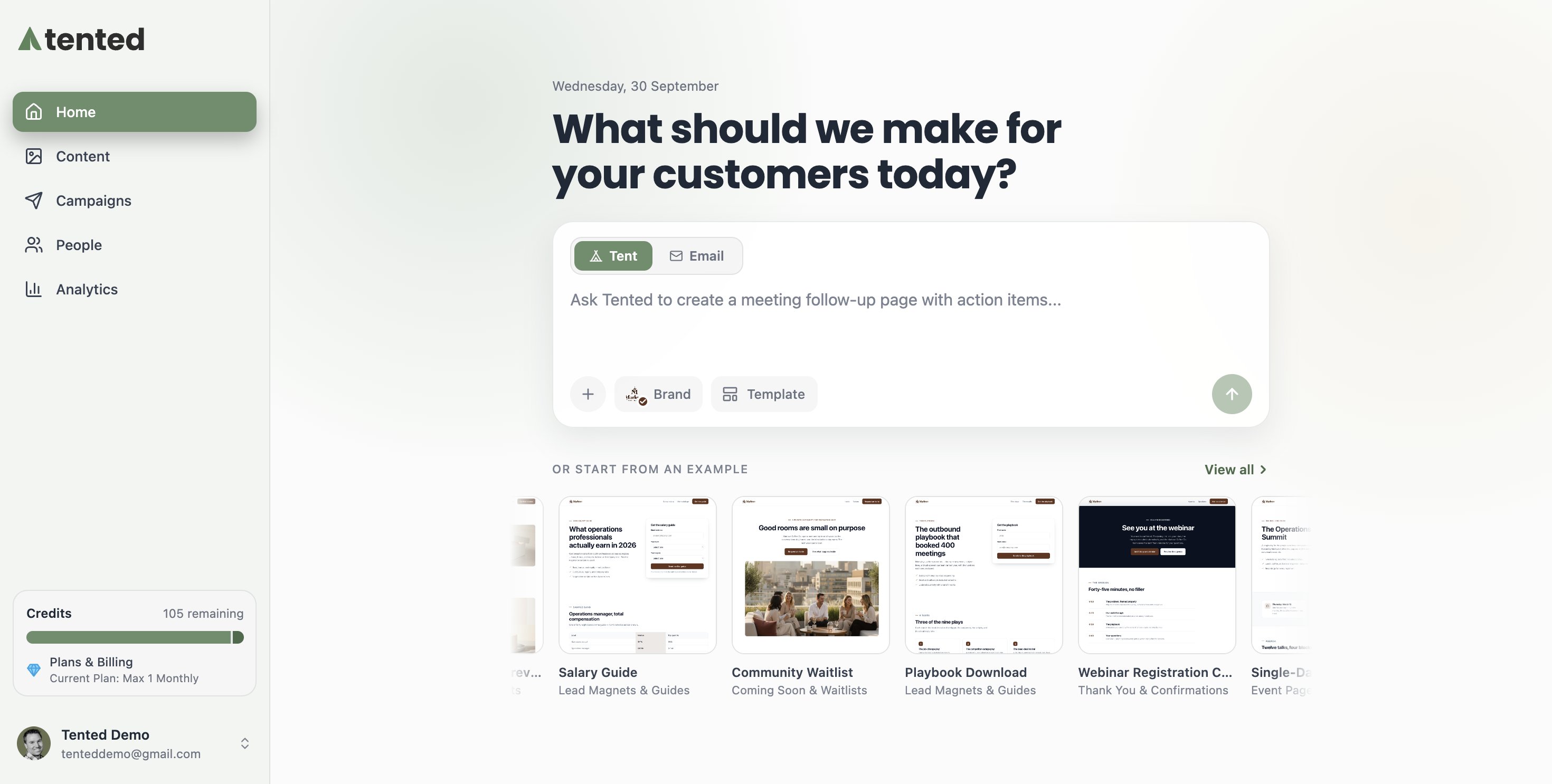 A screenshot of the Tented home page with the prompt box asking "What should we make for your customers today?"