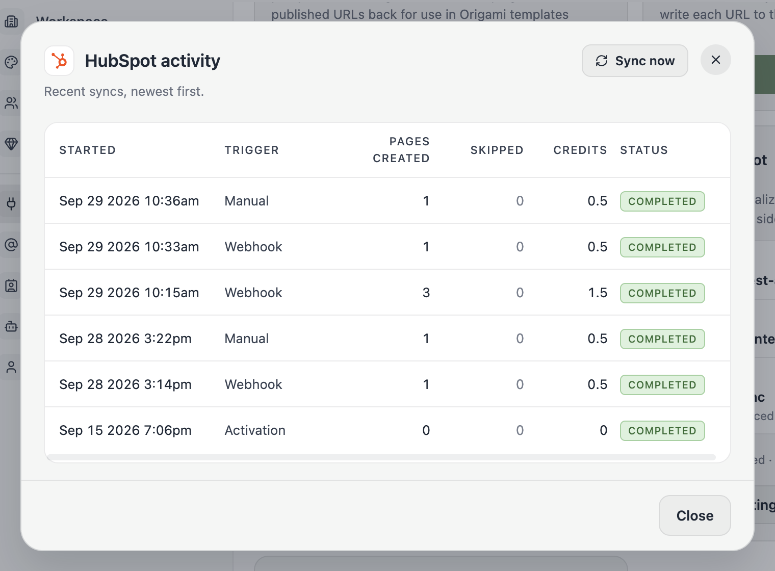 The Activity dialog listing recent syncs and the pages each one wrote.