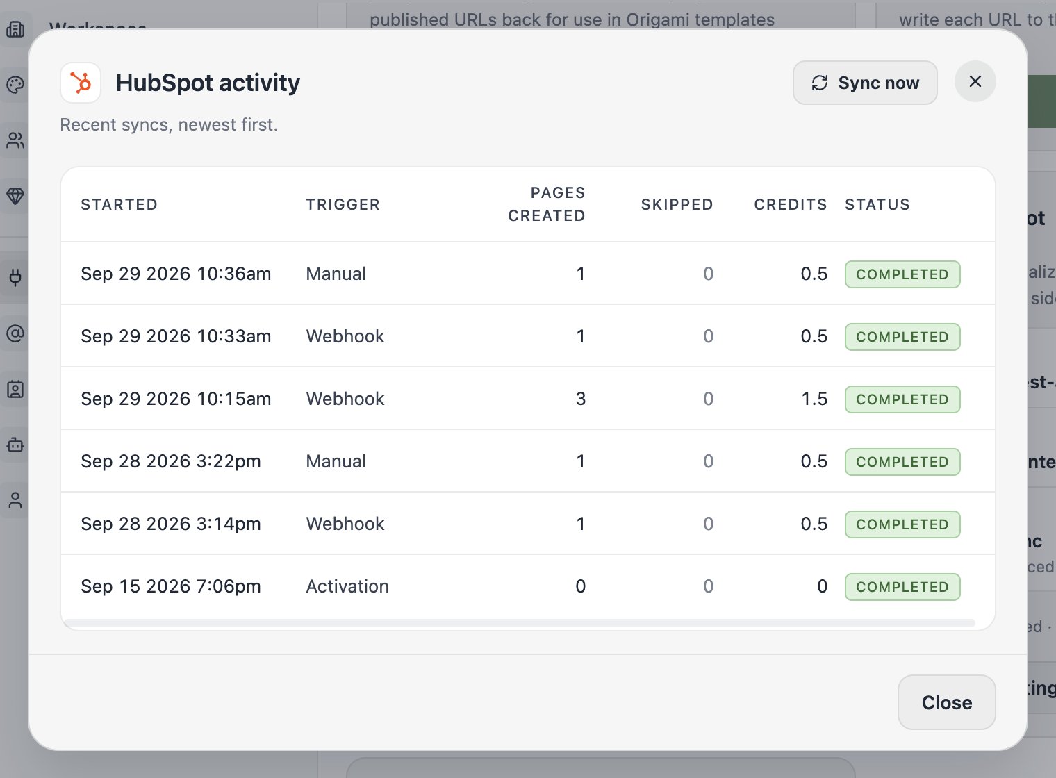 The Activity dialog listing recent syncs and the pages each one wrote.