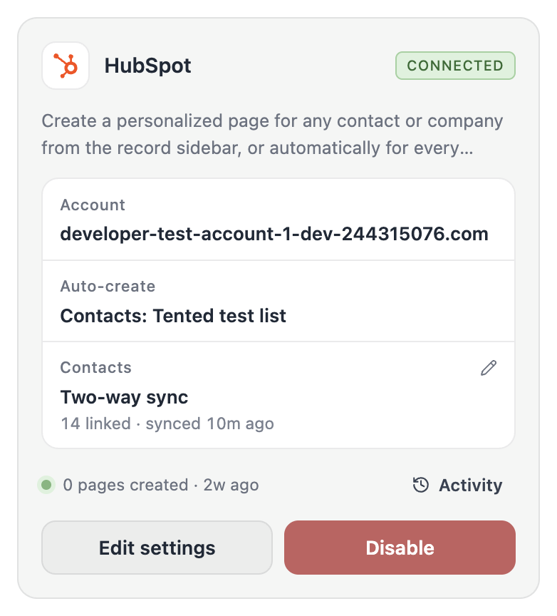 The HubSpot tile with its Contacts line: two-way sync, linked contacts, last sync, and contacts HubSpot did not accept.
