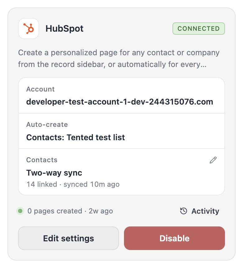 The HubSpot tile with its Contacts line: two-way sync, linked contacts, last sync, and contacts HubSpot did not accept.