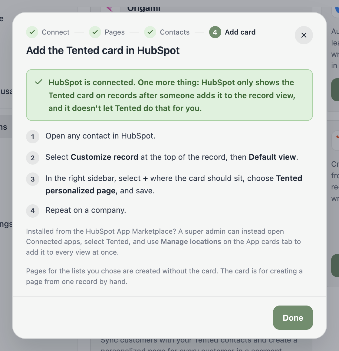 The Add card step at the end of setup in Tented.