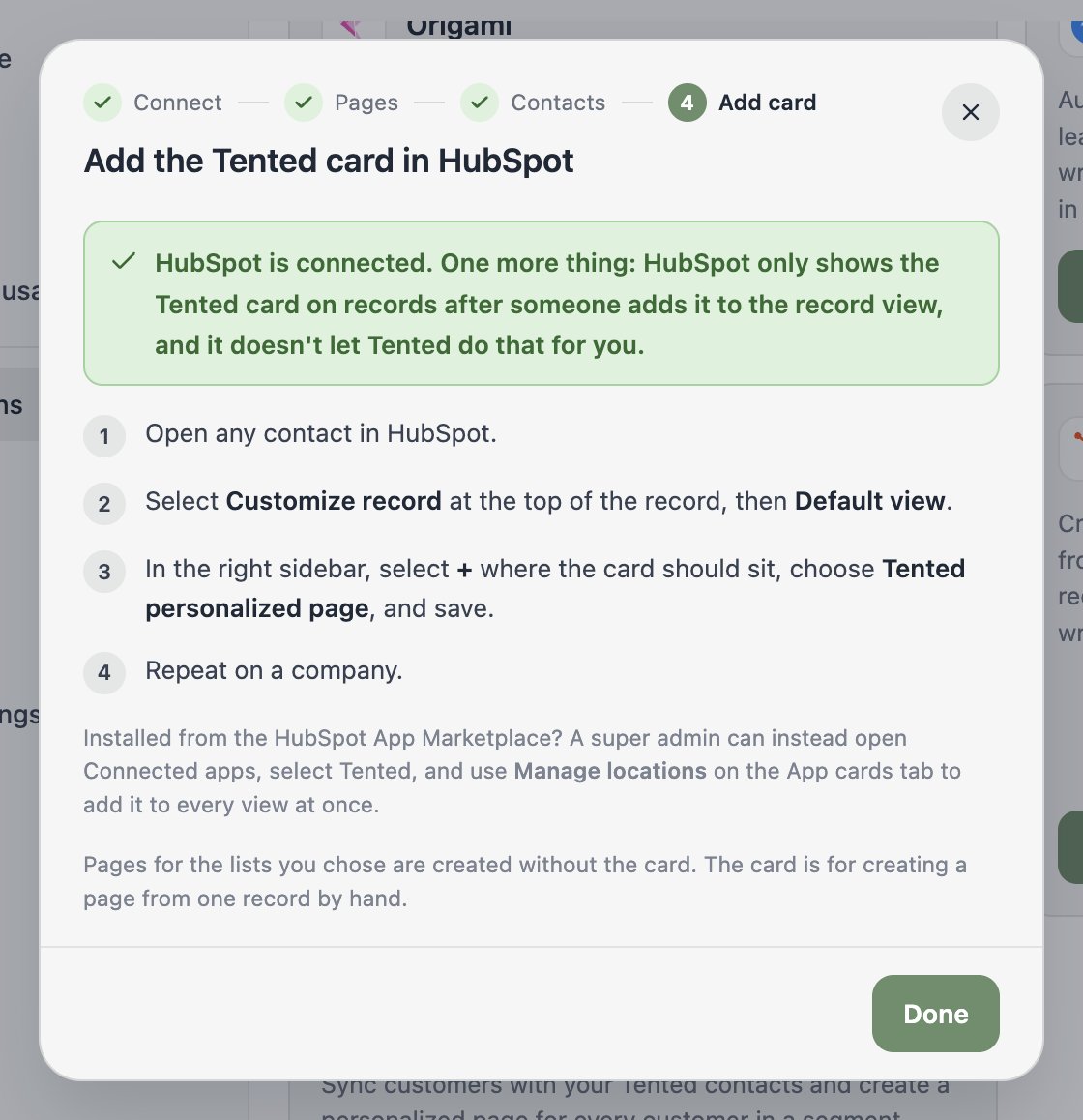 The Add card step at the end of setup in Tented.
