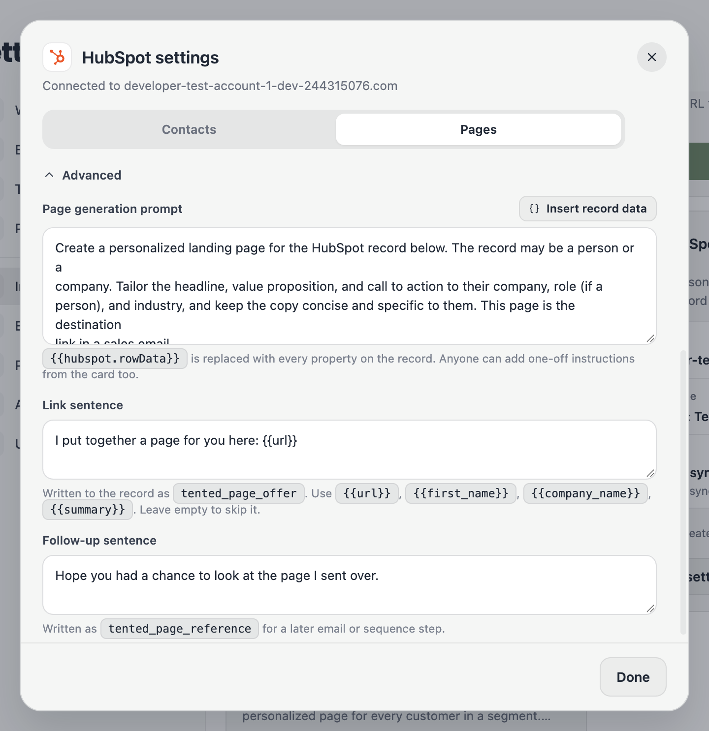 The Advanced section with the page generation prompt and the link sentence.