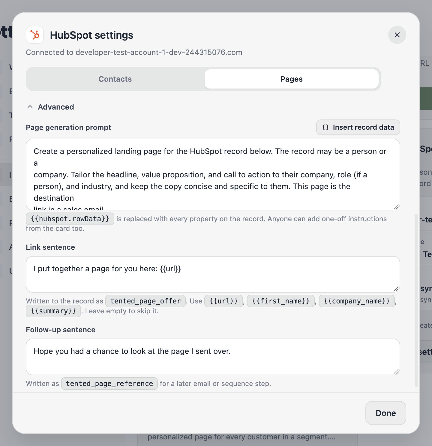 The Advanced section with the page generation prompt and the link sentence.
