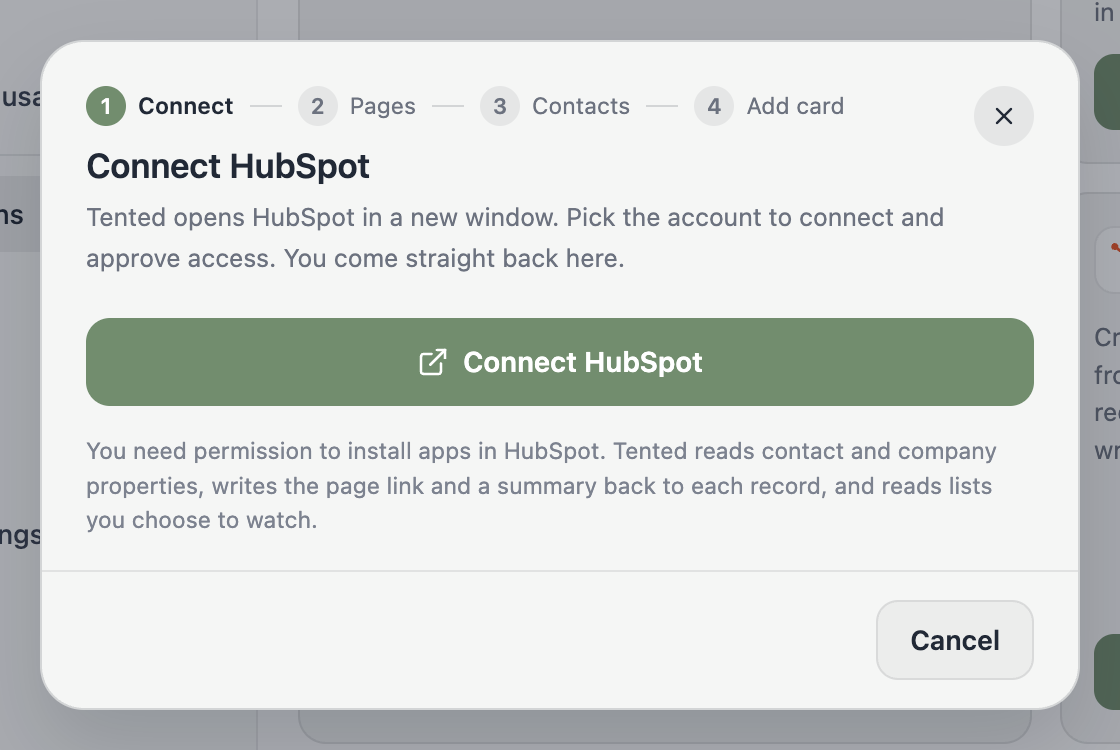The Connect HubSpot dialog: one button opens HubSpot in a new window.