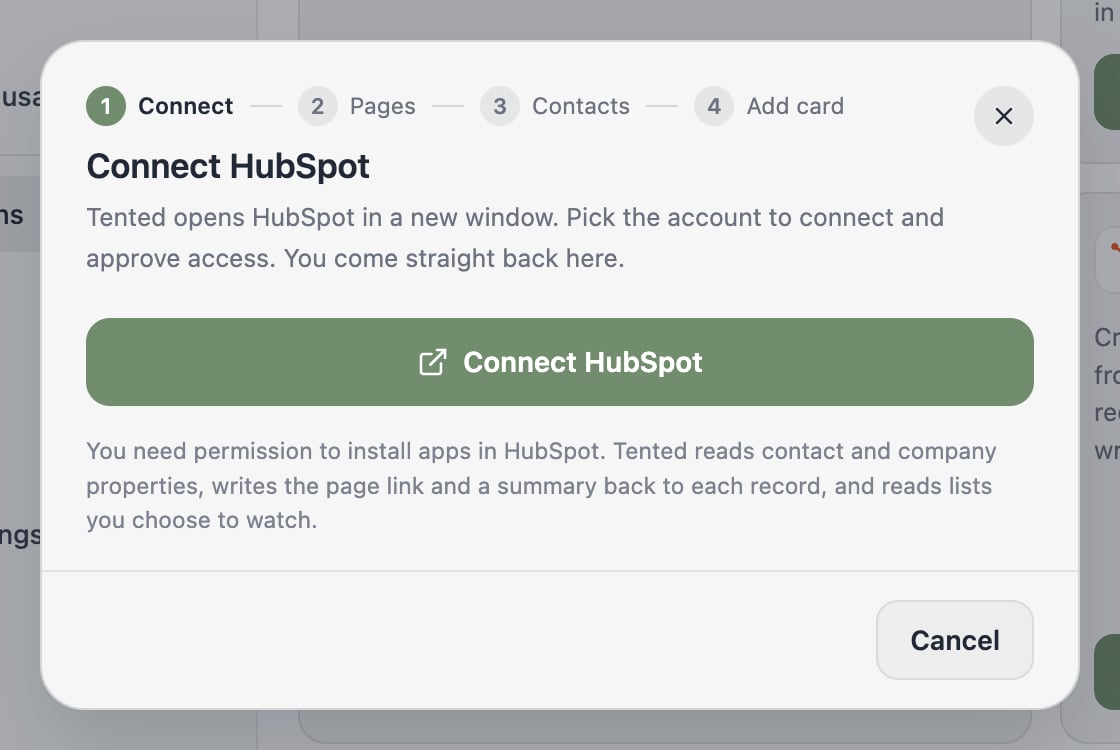 The Connect HubSpot dialog: one button opens HubSpot in a new window.