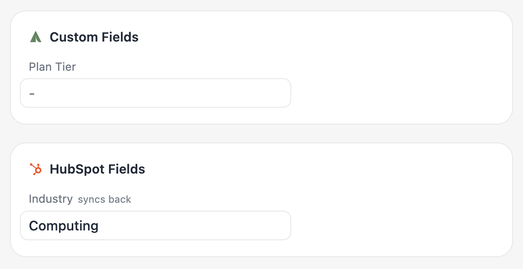 A contact in People with its HubSpot fields group; Industry is marked as syncing back.