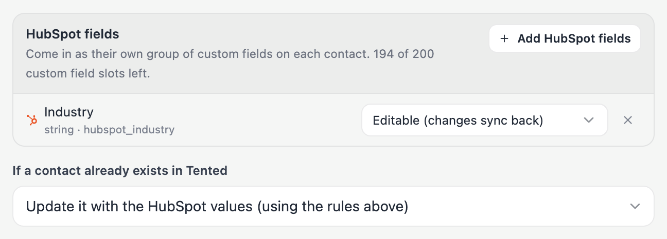 The HubSpot fields section with Industry set to Editable, and the duplicates choice below it.