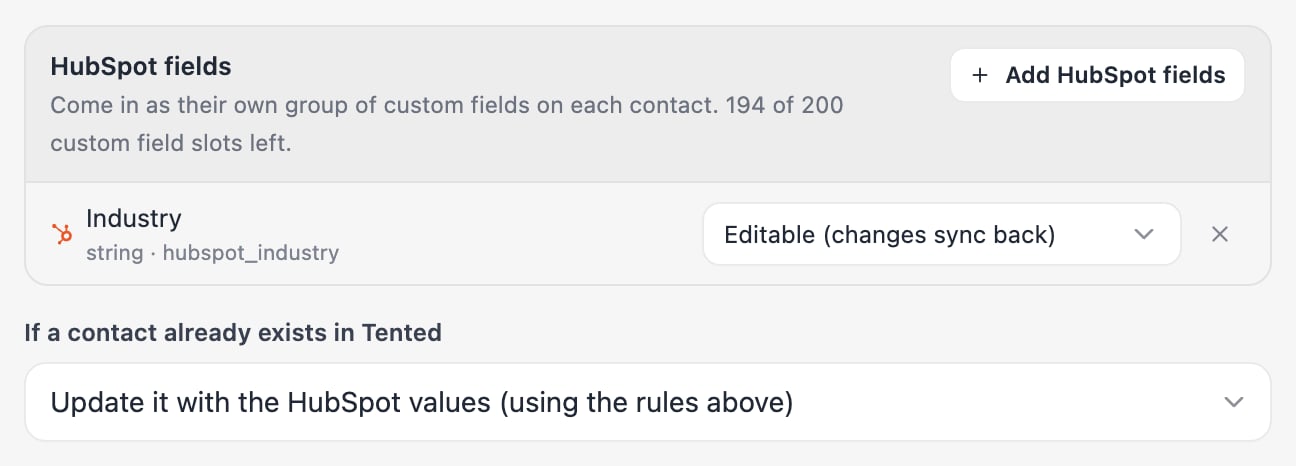 The HubSpot fields section with Industry set to Editable, and the duplicates choice below it.
