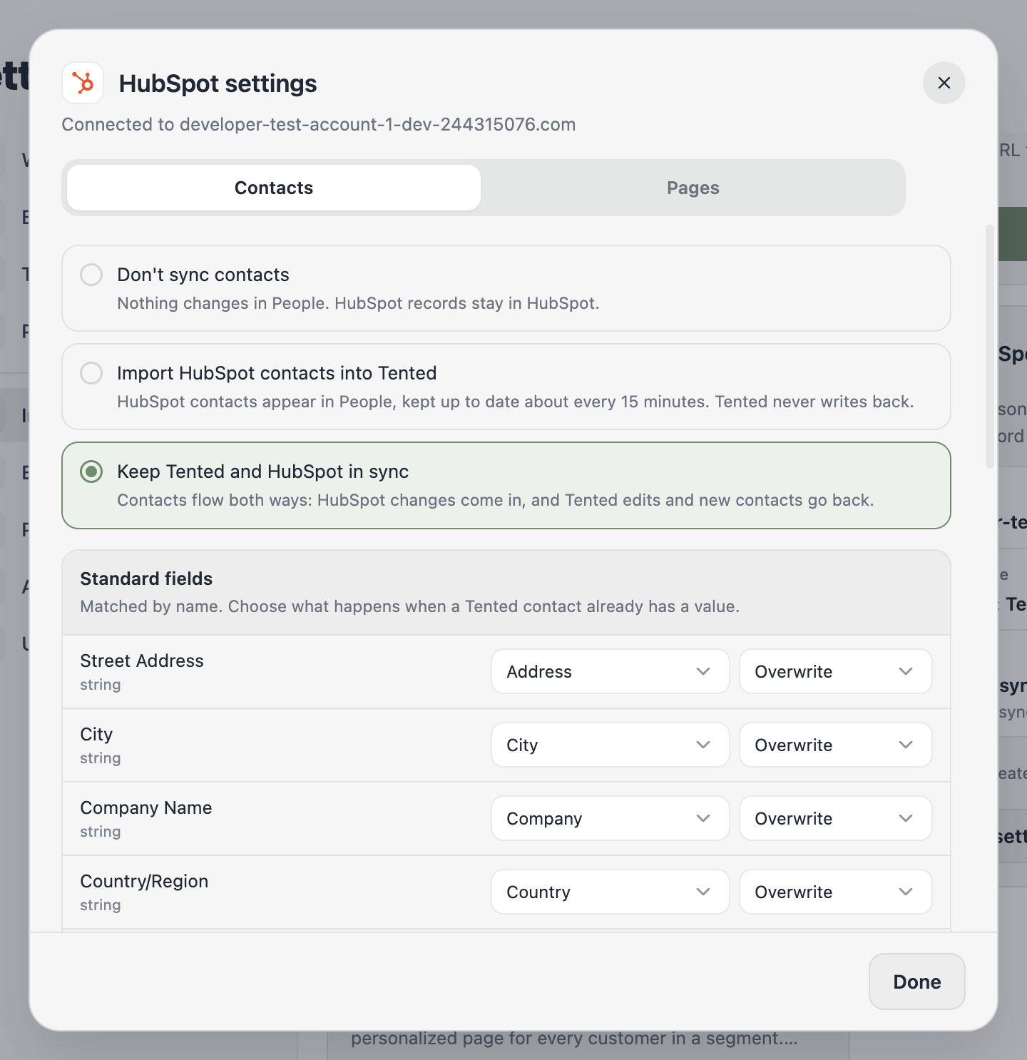 The Contacts step: the three sync options and the standard field mapping.
