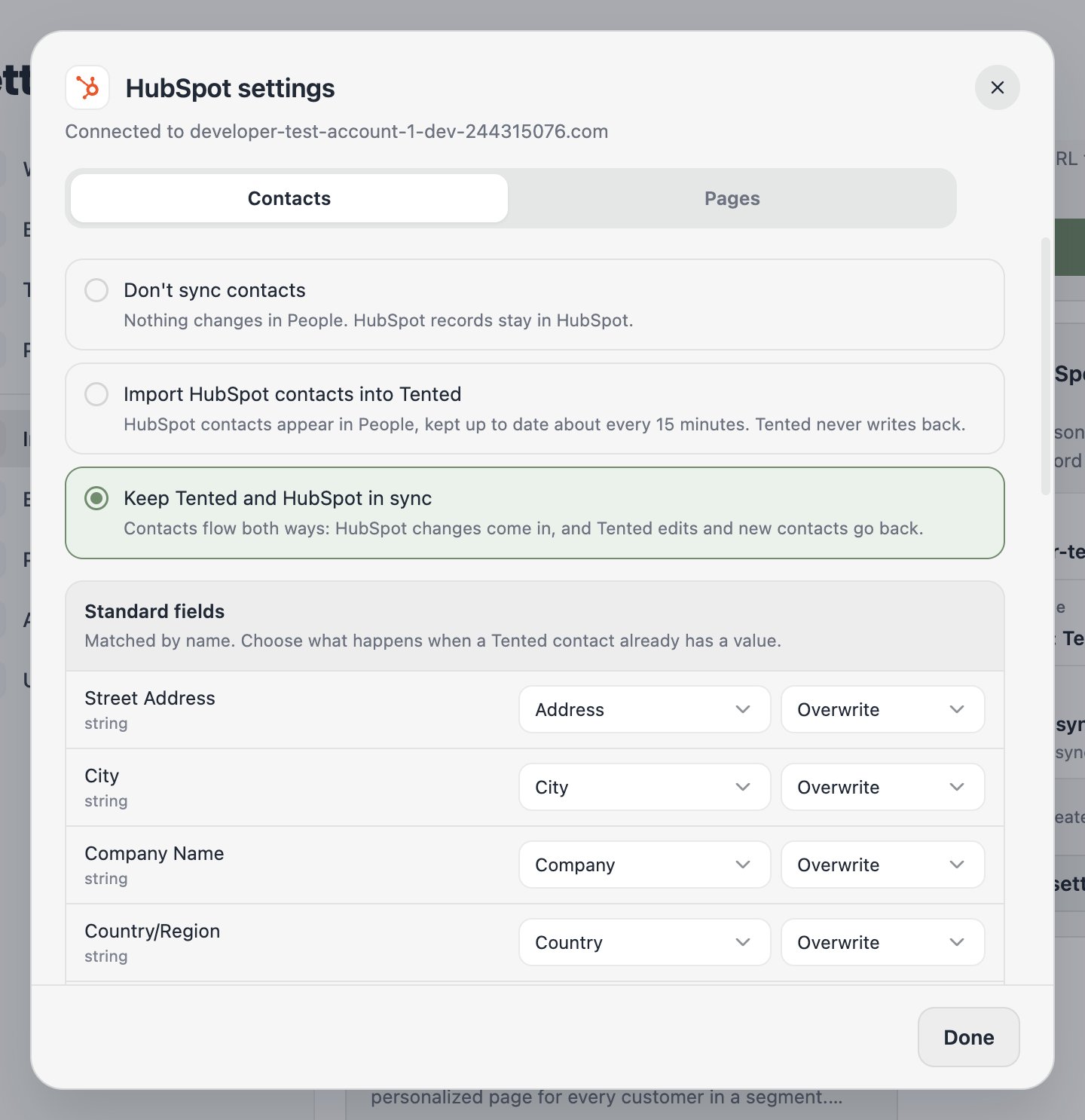 The Contacts step: the three sync options and the standard field mapping.
