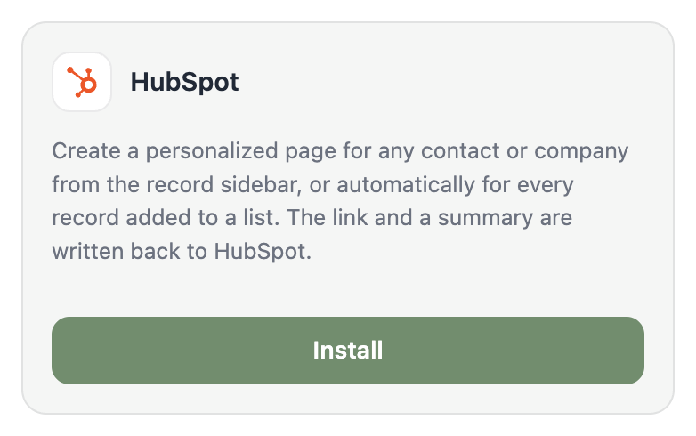 The Integrations page with the HubSpot tile and its Install button.