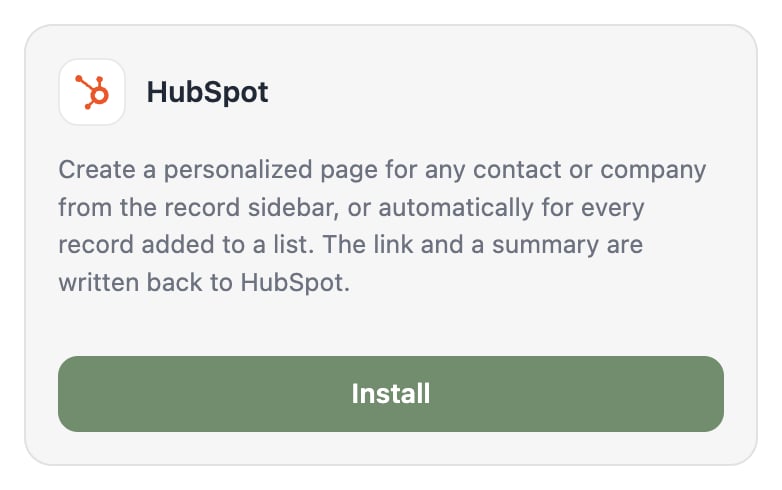 The Integrations page with the HubSpot tile and its Install button.