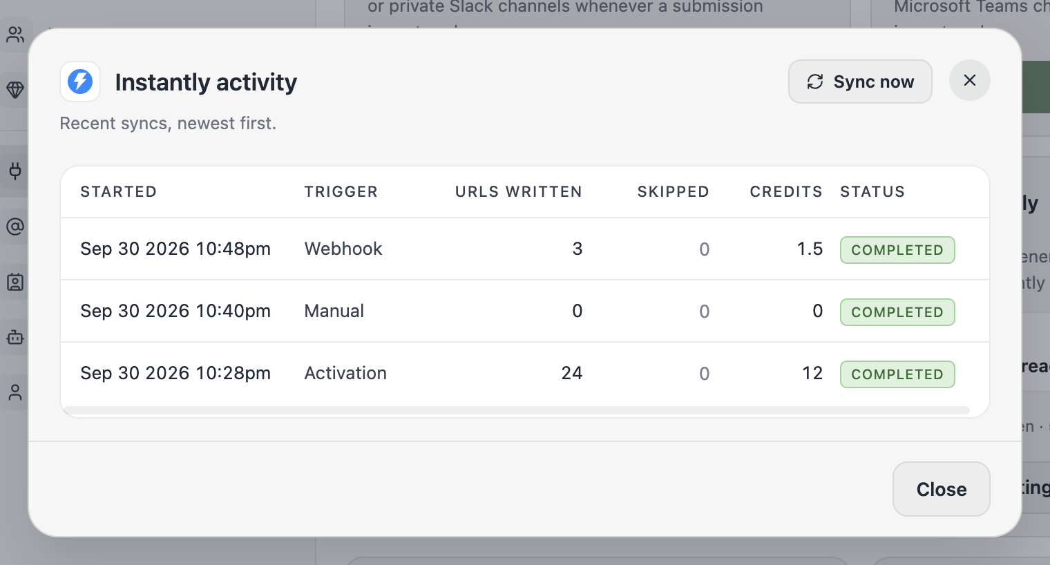 The Instantly activity dialog listing recent syncs.