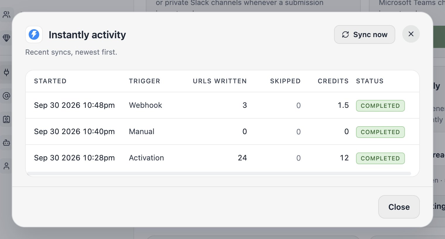 The Instantly activity dialog listing recent syncs.