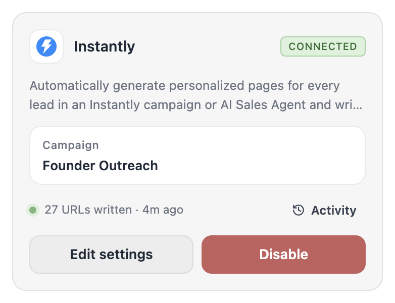 The Instantly tile after connecting, showing the campaign and last sync.