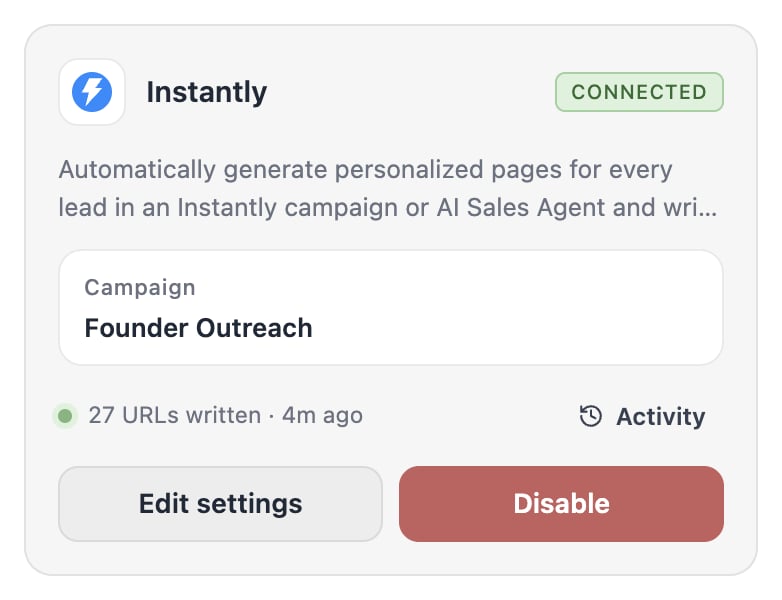 The Instantly tile after connecting, showing the campaign and last sync.