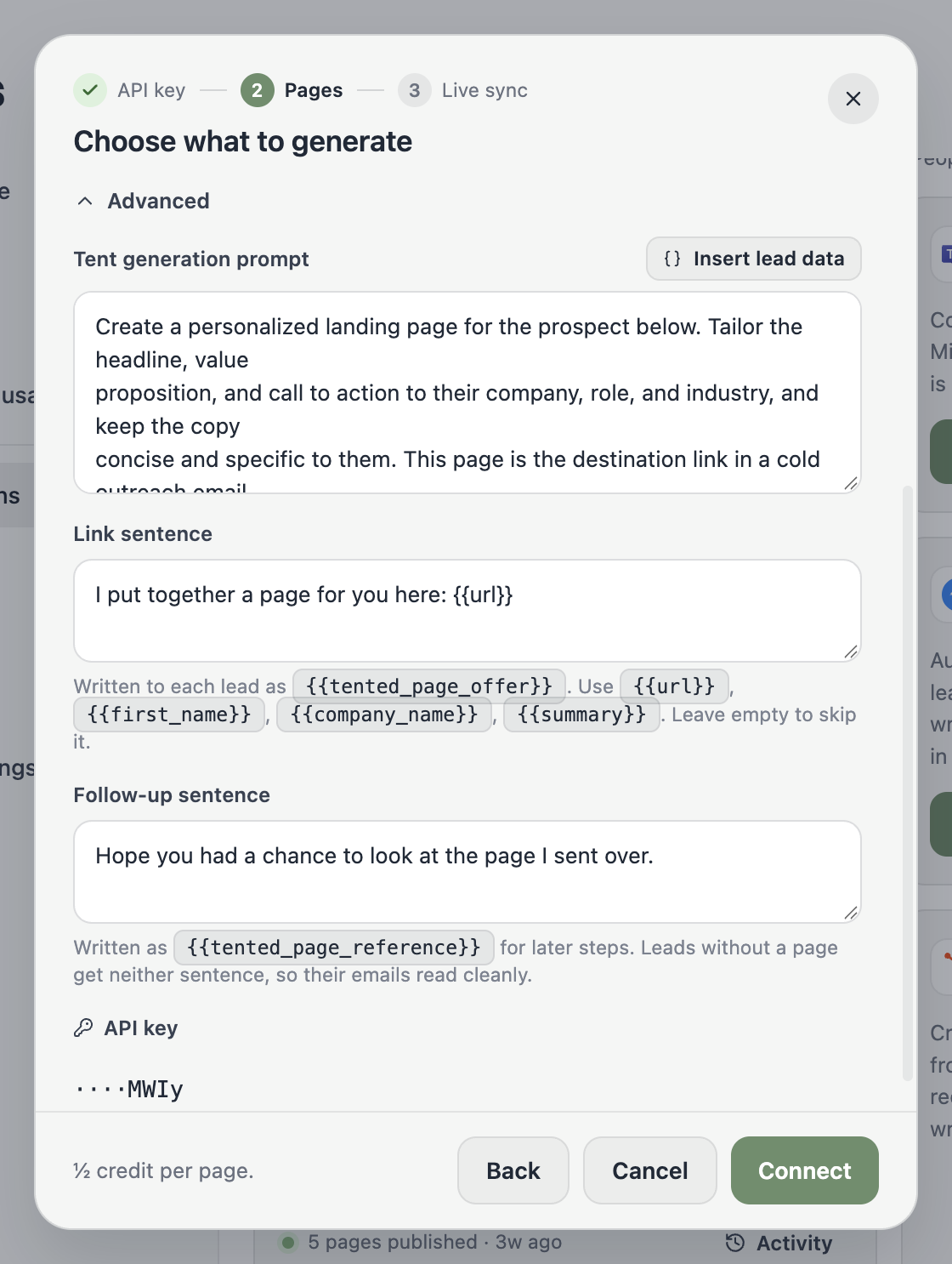 The Advanced section with the generation prompt, link sentence, and follow-up sentence.
