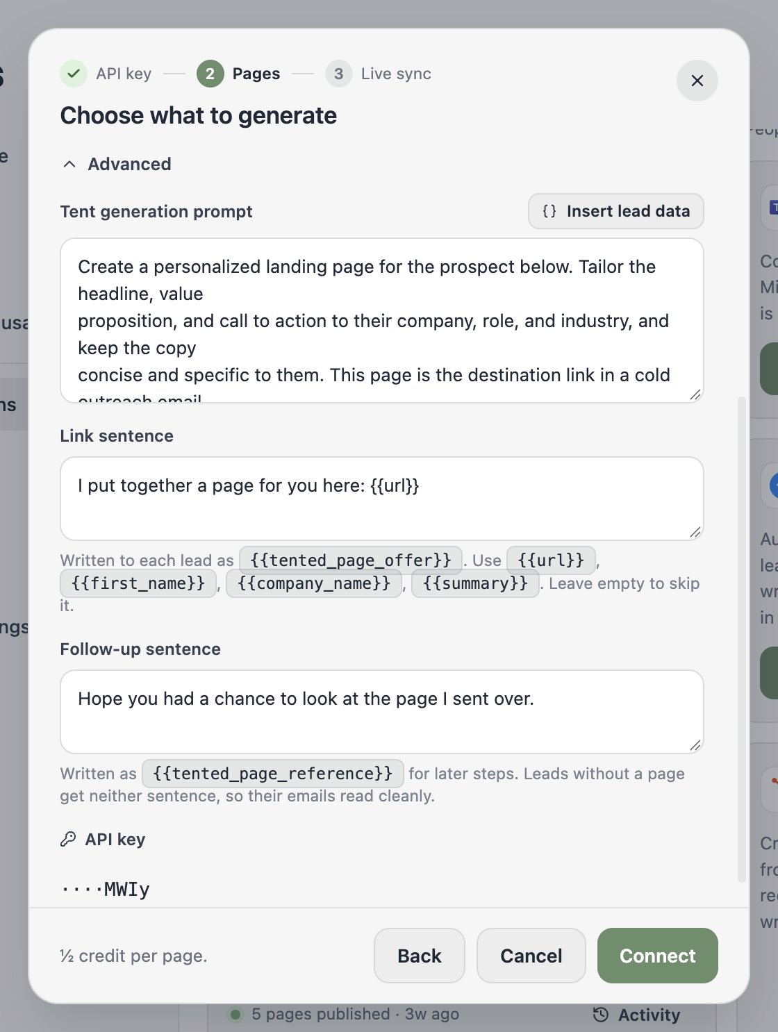 The Advanced section with the generation prompt, link sentence, and follow-up sentence.