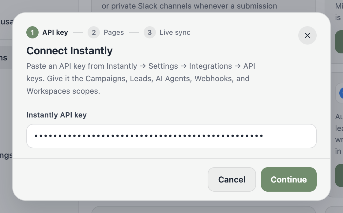 The Connect Instantly dialog asking for an API key.