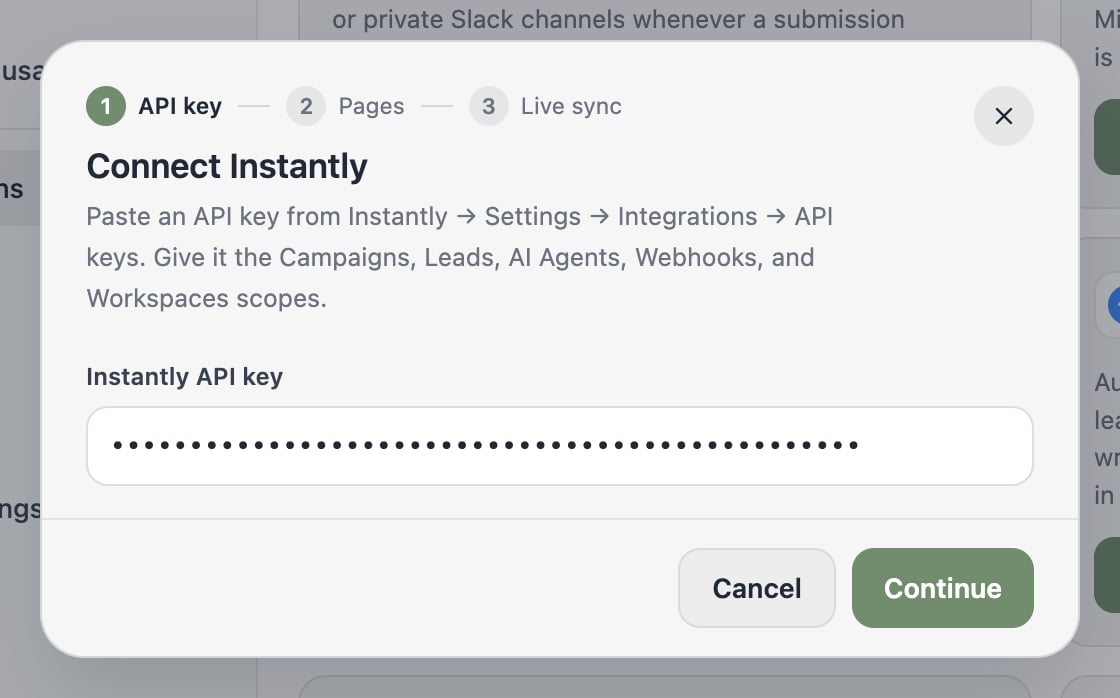 The Connect Instantly dialog asking for an API key.