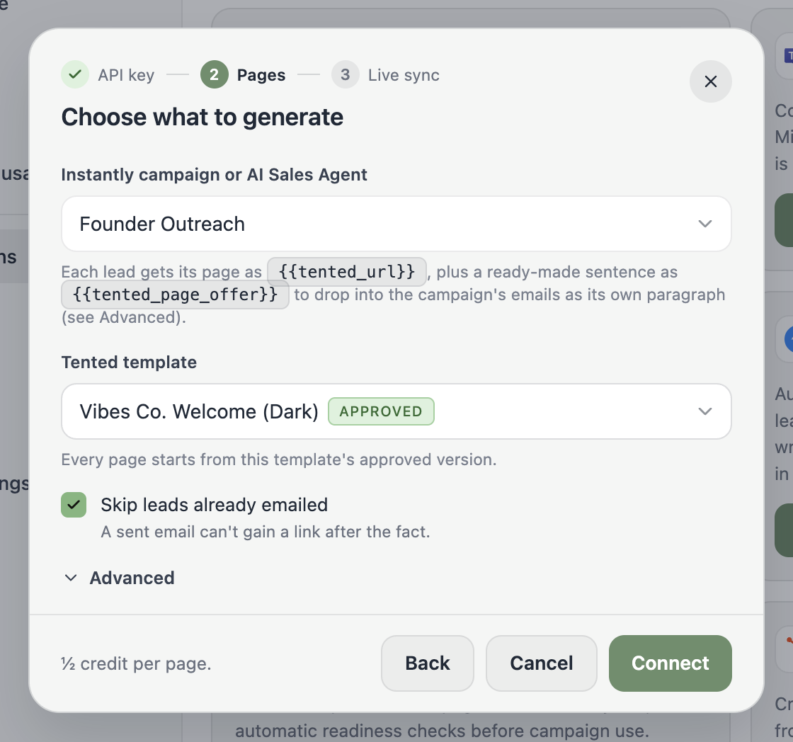 The Choose what to generate step with a campaign and a template selected.
