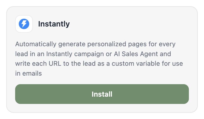 The Integrations page with the Instantly tile and its Install button.