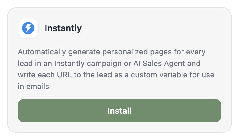 The Integrations page with the Instantly tile and its Install button.