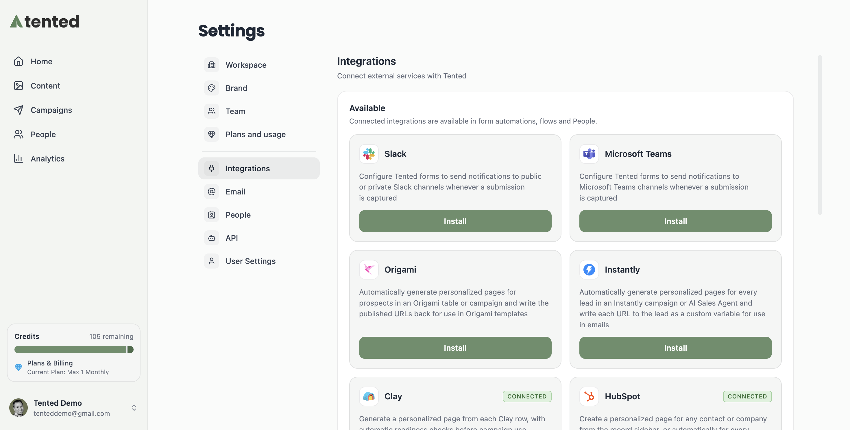 A screenshot of the Integrations page with Slack and Microsoft Teams tiles, each with an Install button.