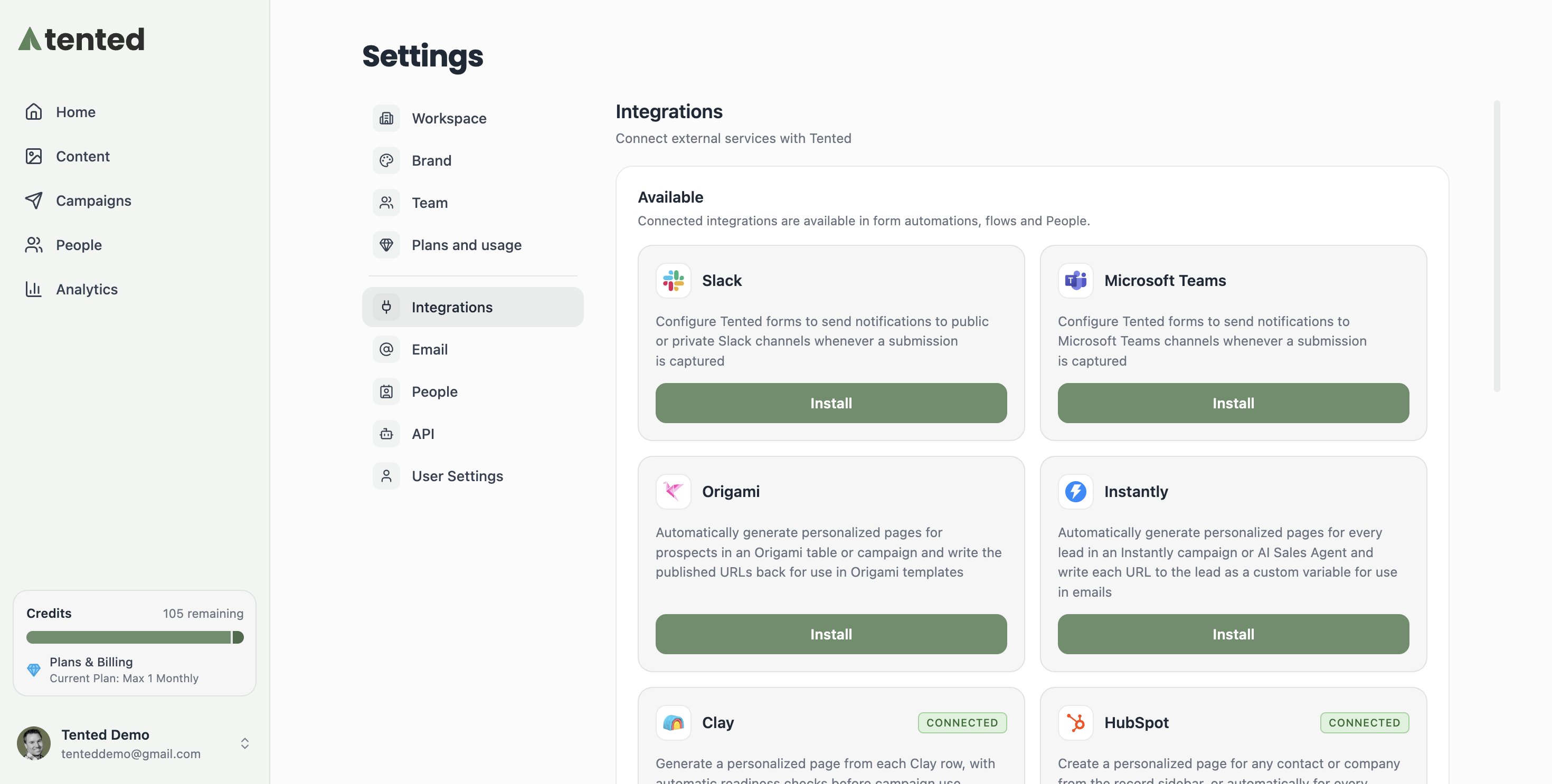 A screenshot of the Integrations page with Slack and Microsoft Teams tiles, each with an Install button.