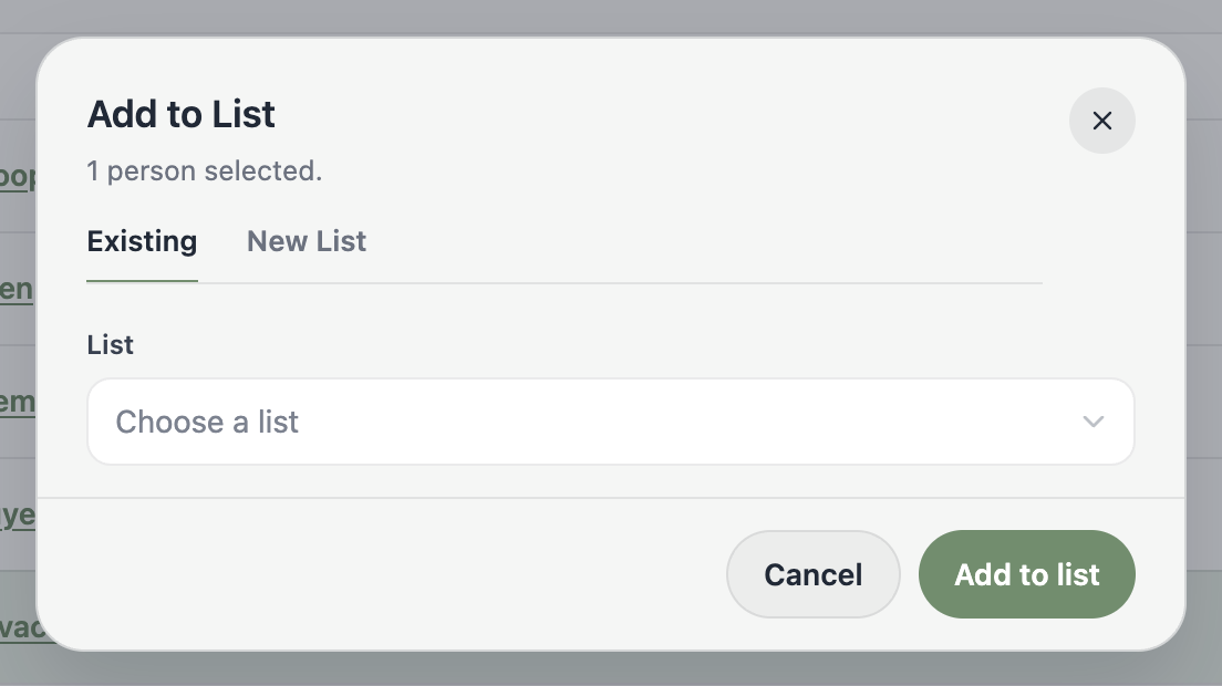 A screenshot of the Add to List dialog with tabs for choosing an existing list or creating a new one.