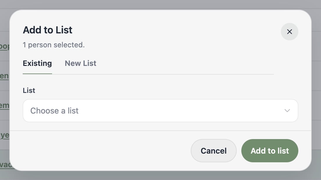 A screenshot of the Add to List dialog with tabs for choosing an existing list or creating a new one.