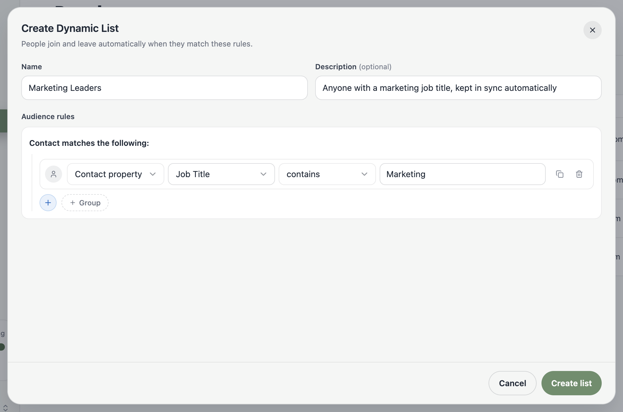 A screenshot of the Create Dynamic List dialog with a rule matching contacts whose Job Title contains Marketing.