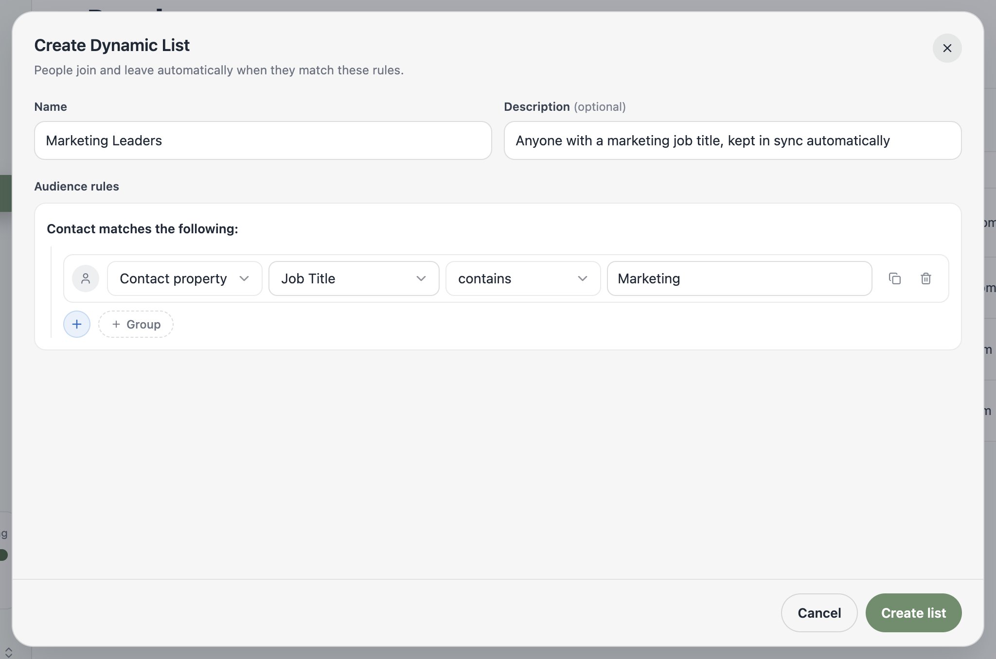 A screenshot of the Create Dynamic List dialog with a rule matching contacts whose Job Title contains Marketing.