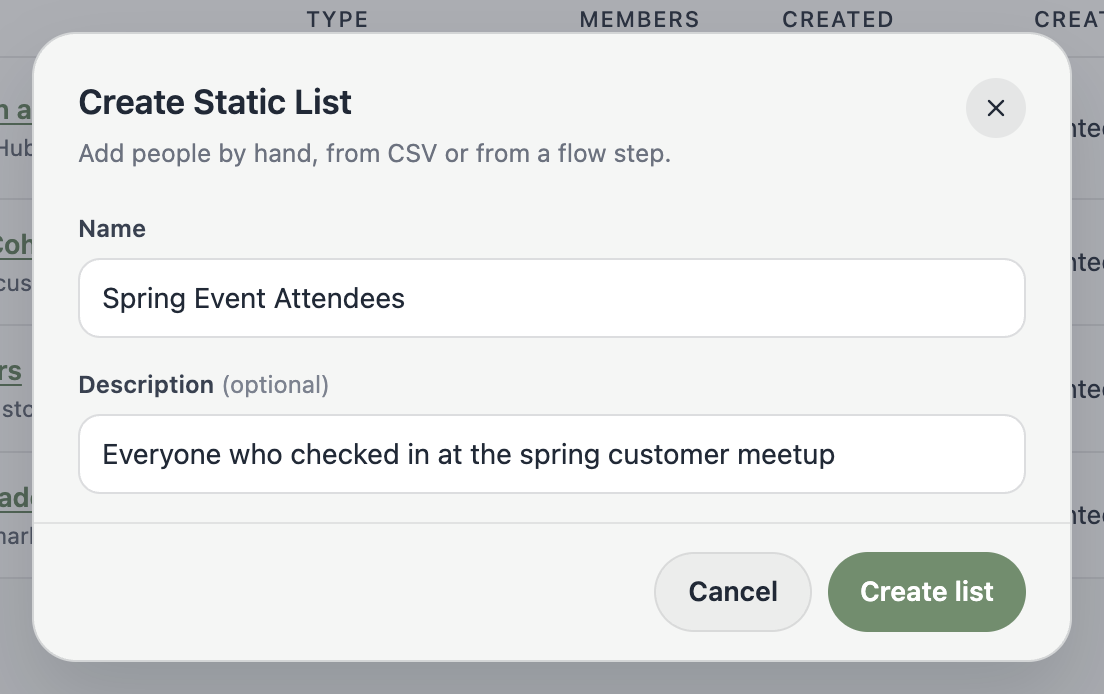 A screenshot of the Create Static List dialog with a name and description filled in.