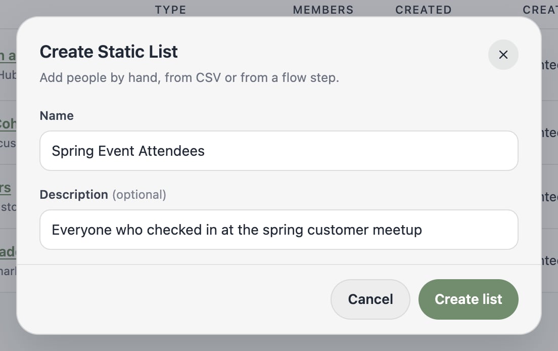 A screenshot of the Create Static List dialog with a name and description filled in.