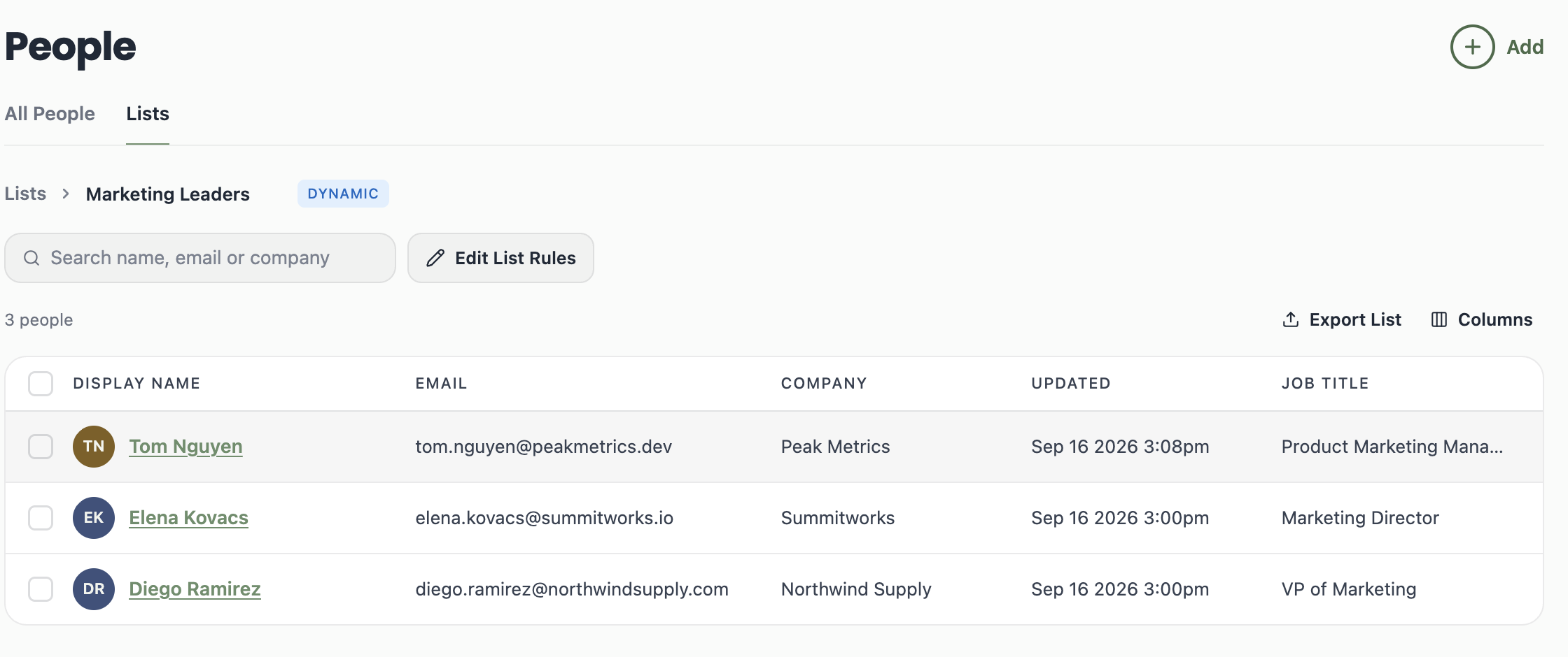 A screenshot of a dynamic list's members, showing three contacts with marketing job titles that matched the rule automatically.