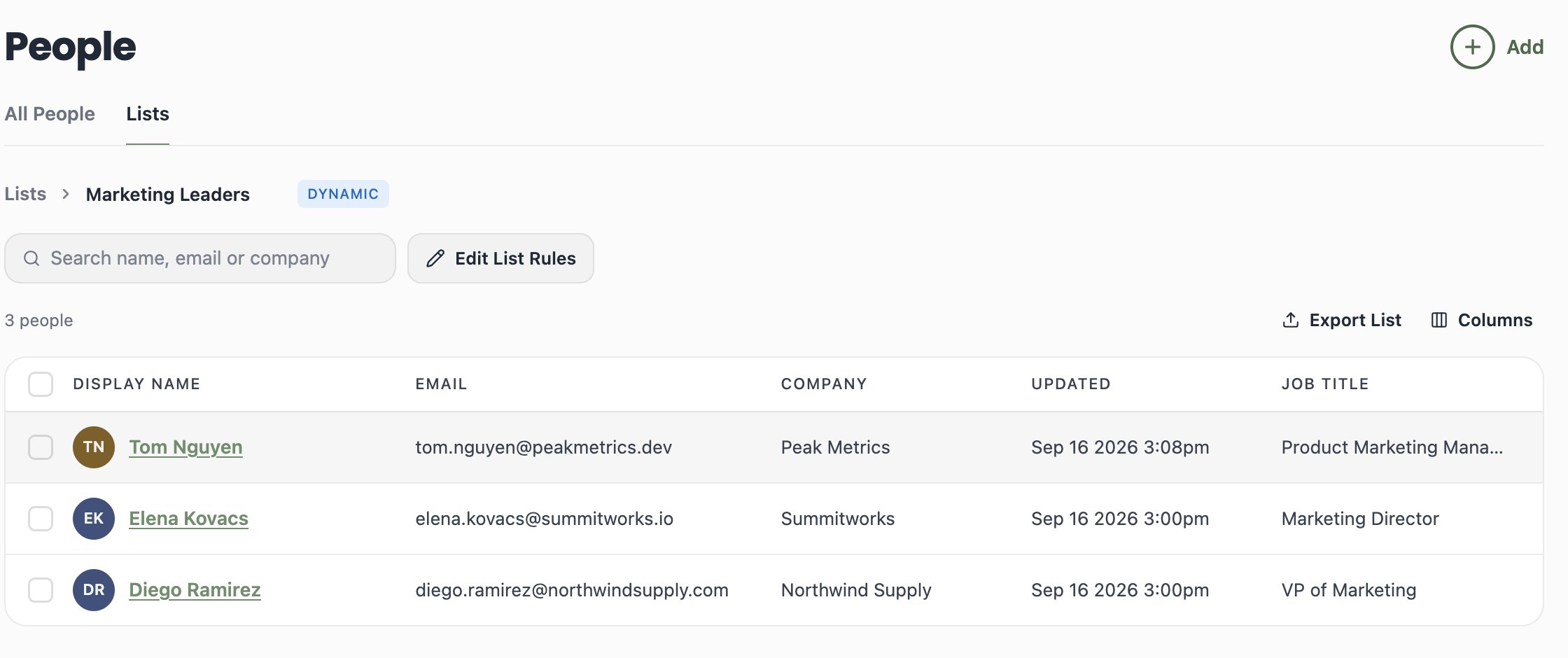 A screenshot of a dynamic list's members, showing three contacts with marketing job titles that matched the rule automatically.