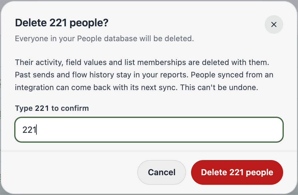 A screenshot of the Delete 221 people dialog explaining what is deleted, with 221 typed to confirm and a Delete 221 people button.