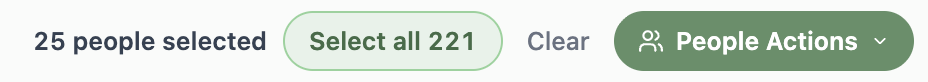 A screenshot of the People toolbar reading 25 people selected, with a Select all 221 button, Clear, and People Actions.